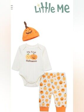 NWT...Orange/ Soft White Little Me Pumpkin 3-Piece Halloween Set Size 12M